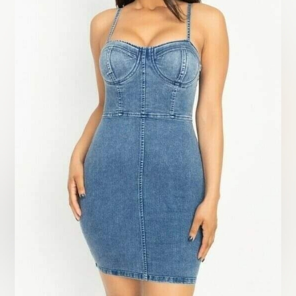 Dark Wash Camisole Denim Bustier Mini Dress with Stretch - Picture 1 of 12
